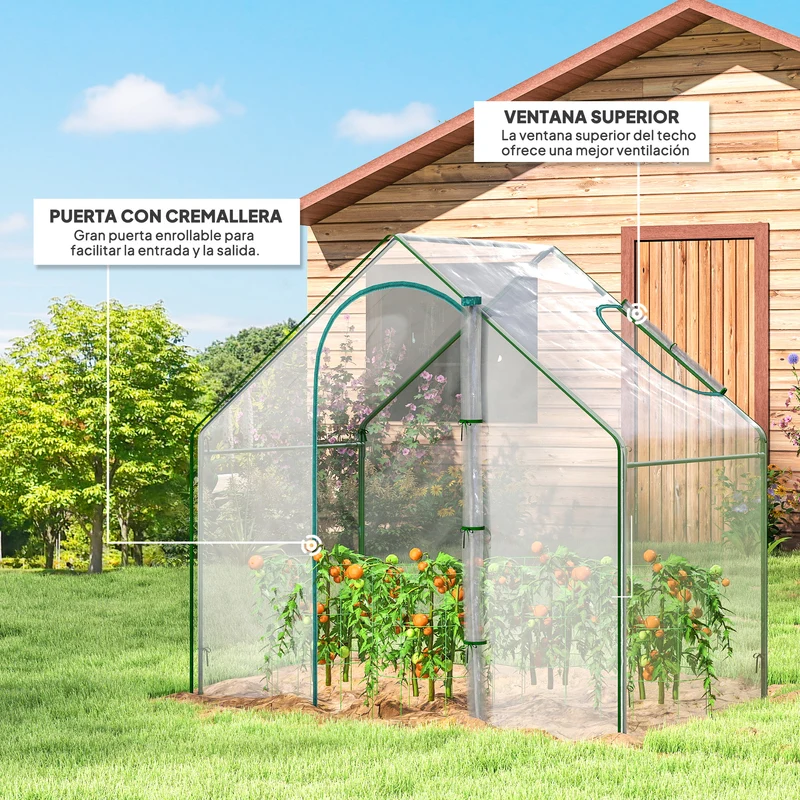Outsunny Invernadero Pequeño, Invernadero de Exterior con Ventana y Puerta con Cremallera, Marco de Acero, Cubierta de Plástico Impermeable Anti-UV para Cultivar Plantas, 180x100x168 cm, Transparente