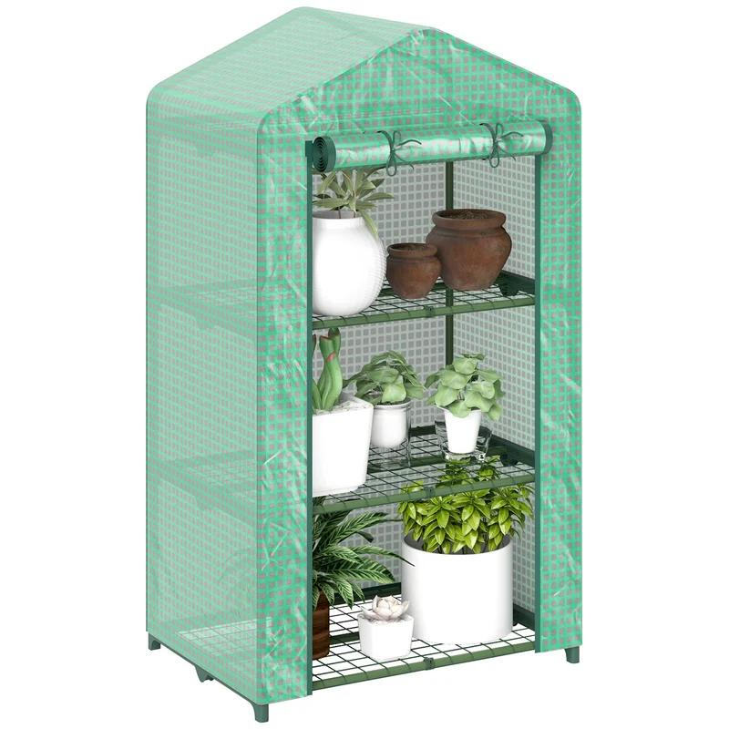 Outsunny Invernadero de Jardín de 3 Niveles, Invernadero de Exterior con 3 Estantes, Puerta Enrollable, Marco de Metal, Cubierta de PE, Anti-UV, Impermeable, para Terraza, Patio, 69x49x125 cm, Verde