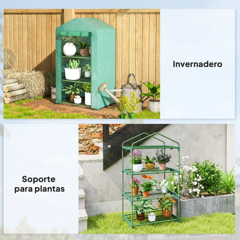 Outsunny Invernadero de Jardín de 3 Niveles, Invernadero de Exterior con 3 Estantes, Puerta Enrollable, Marco de Metal, Cubierta de PE, Anti-UV, Impermeable, para Terraza, Patio, 69x49x125 cm, Verde