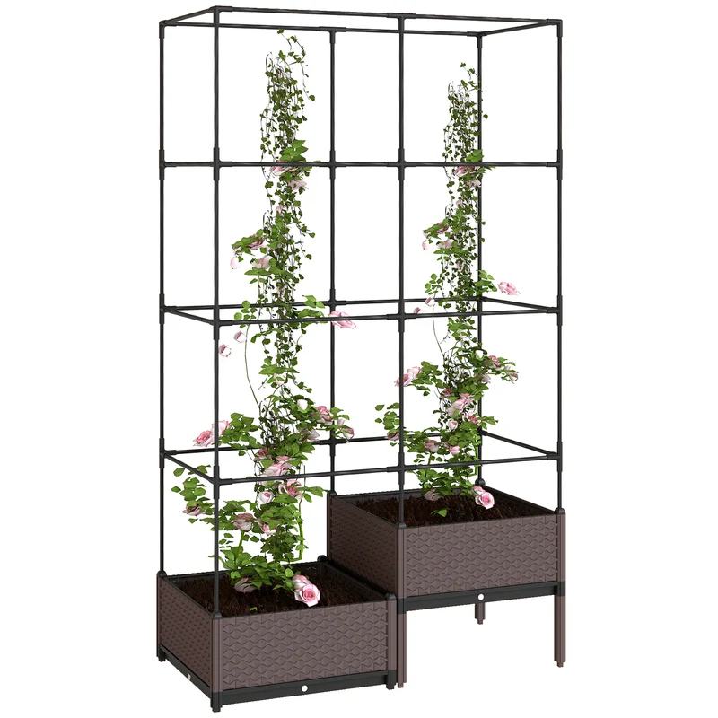 Outsunny Jardinera con Enrejado Metálico, Jardinera Exterior Grande para Plantas Trepadoras, 2 Macetas de PP con Orificios de Drenaje, Tapones, Macetero Elevado para Jardín Patio, 100x50x174 cm, Negro