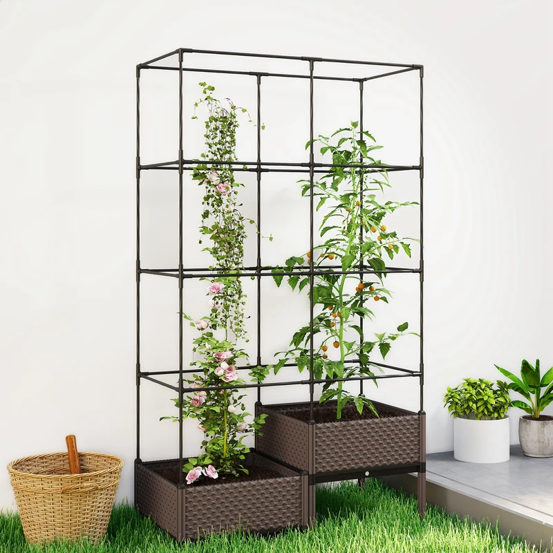Outsunny Jardinera con Enrejado Metálico, Jardinera Exterior Grande para Plantas Trepadoras, 2 Macetas de PP con Orificios de Drenaje, Tapones, Macetero Elevado para Jardín Patio, 100x50x174 cm, Negro