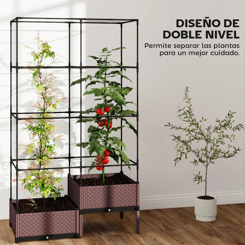 Outsunny Jardinera con Enrejado Metálico, Jardinera Exterior Grande para Plantas Trepadoras, 2 Macetas de PP con Orificios de Drenaje, Tapones, Macetero Elevado para Jardín Patio, 100x50x174 cm, Negro