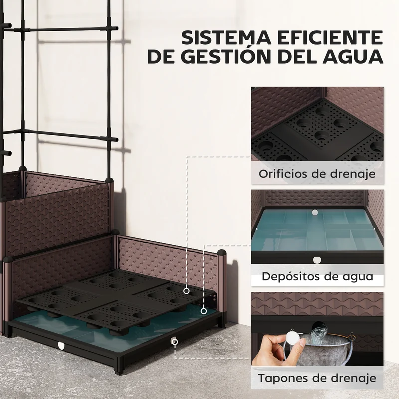Outsunny Jardinera con Enrejado Metálico, Jardinera Exterior Grande para Plantas Trepadoras, 2 Macetas de PP con Orificios de Drenaje, Tapones, Macetero Elevado para Jardín Patio, 100x50x174 cm, Negro