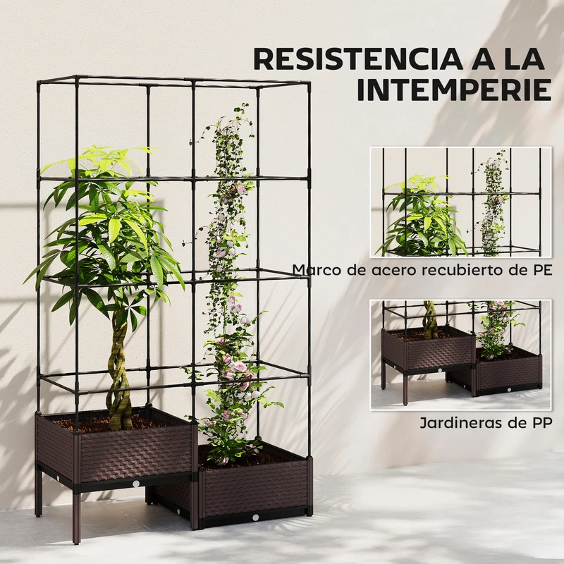Outsunny Jardinera con Enrejado Metálico, Jardinera Exterior Grande para Plantas Trepadoras, 2 Macetas de PP con Orificios de Drenaje, Tapones, Macetero Elevado para Jardín Patio, 100x50x174 cm, Negro
