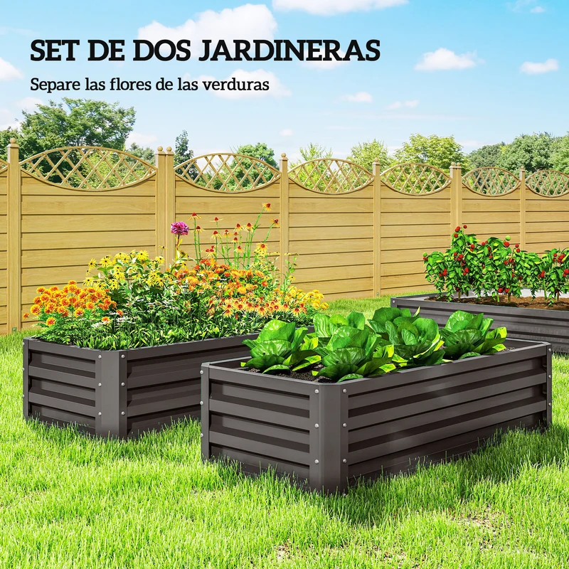 Outsunny Juego de 2 Jardineras Exterior Grandes de Acero Galvanizado, Huertos Urbanos, Maceteros Exterior Elevados para Plantas, Flores, Terraza, Jardín, Resistente a la Intemperie, 110x50x30 cm, Gris