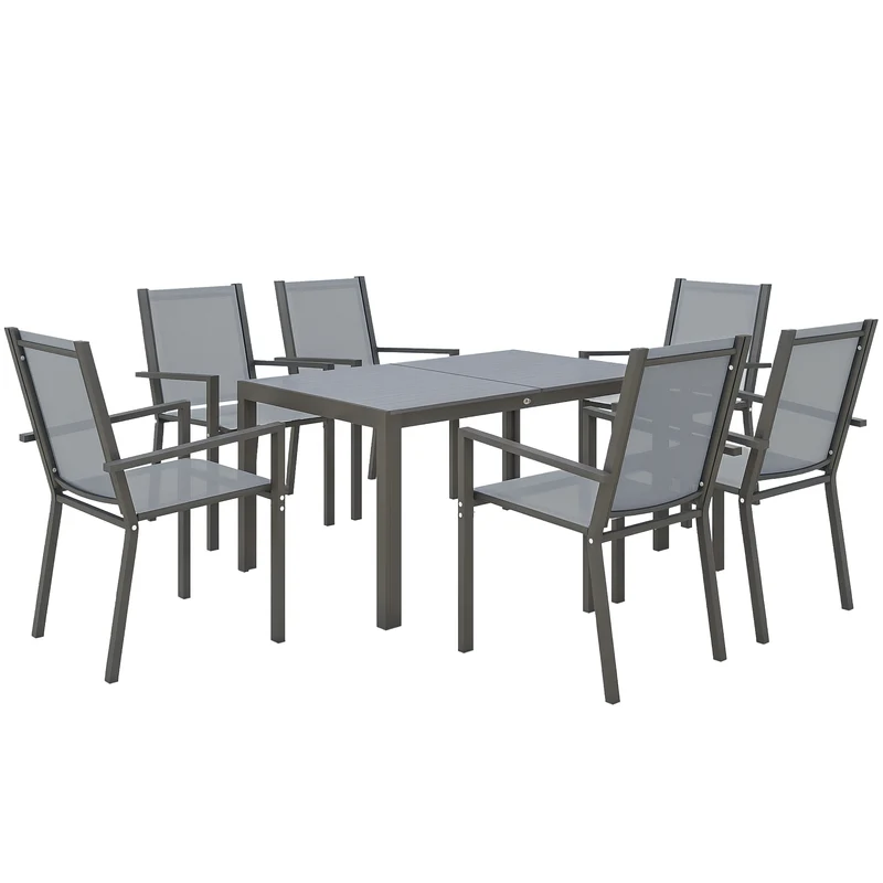 Outsunny Conjunto de Mesa y Sillas Jardín de 7 Piezas, Muebles de Jardín Exterior con 6 Sillas Apilables y Marco de Acero, para Terraza, Patio, Gris Claro
