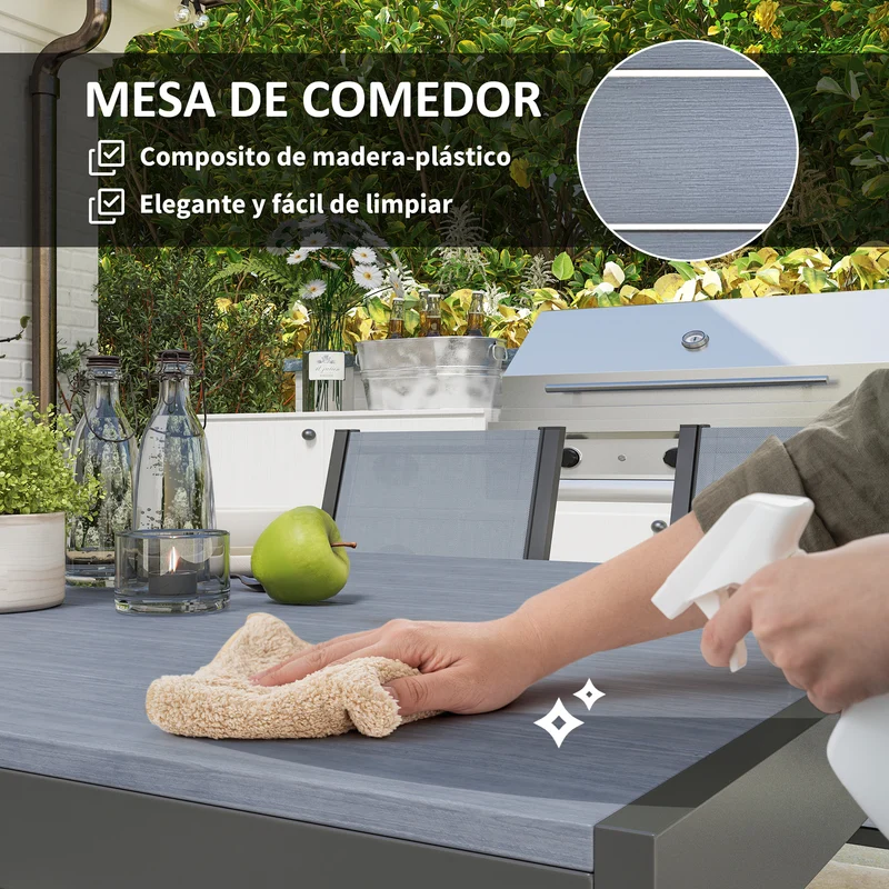 Outsunny Conjunto de Mesa y Sillas Jardín de 7 Piezas, Muebles de Jardín Exterior con 6 Sillas Apilables y Marco de Acero, para Terraza, Patio, Gris Claro