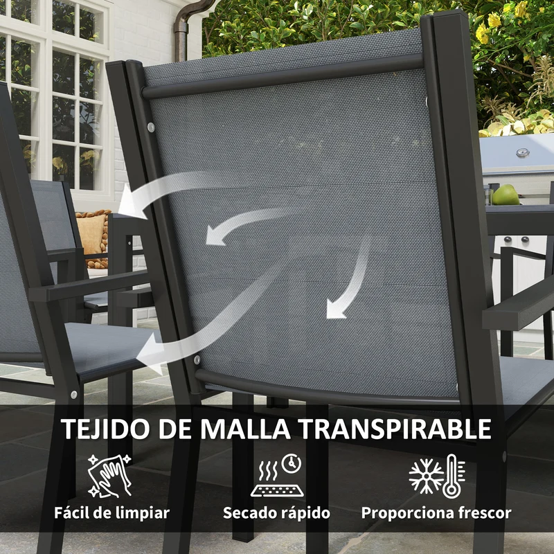 Outsunny Conjunto de Mesa y Sillas Jardín de 7 Piezas, Muebles de Jardín Exterior con 6 Sillas Apilables y Marco de Acero, para Terraza, Patio, Gris Claro