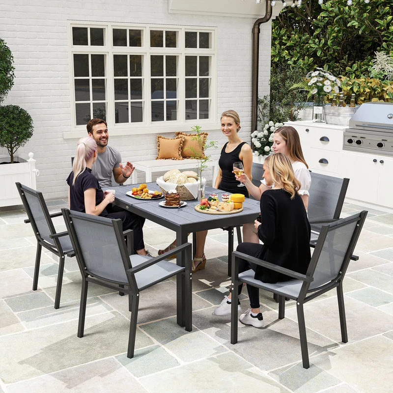 Outsunny Conjunto de Mesa y Sillas Jardín de 7 Piezas, Muebles de Jardín Exterior con 6 Sillas Apilables y Marco de Acero, para Terraza, Patio, Gris Claro