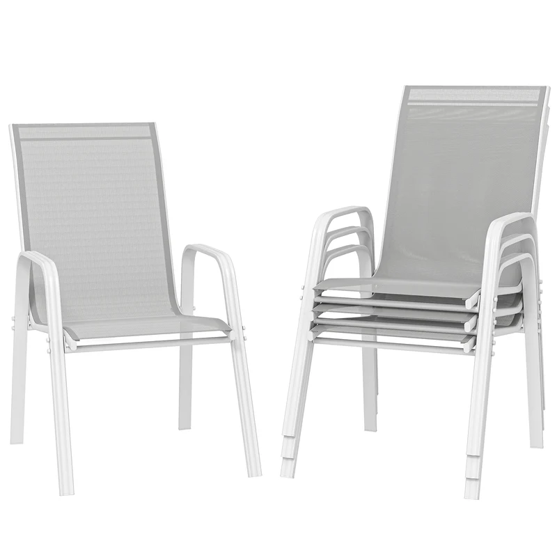 Outsunny Juego de 4 Sillas de Jardín Exterior Sillas Terraza Exterior Apilables Sillón de Comedor con Tela Transpirable Marco de Metal Reposabrazos y Respaldo 54x75,5x95 cm Gris Claro