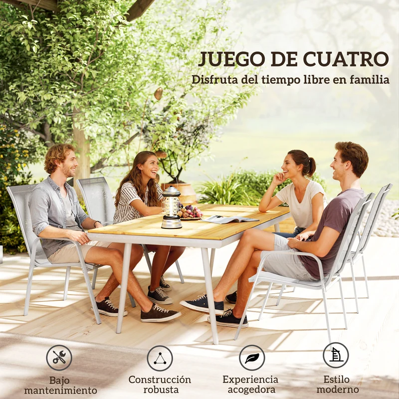 Outsunny Juego de 4 Sillas de Jardín Exterior Sillas Terraza Exterior Apilables Sillón de Comedor con Tela Transpirable Marco de Metal Reposabrazos y Respaldo 54x75,5x95 cm Gris Claro