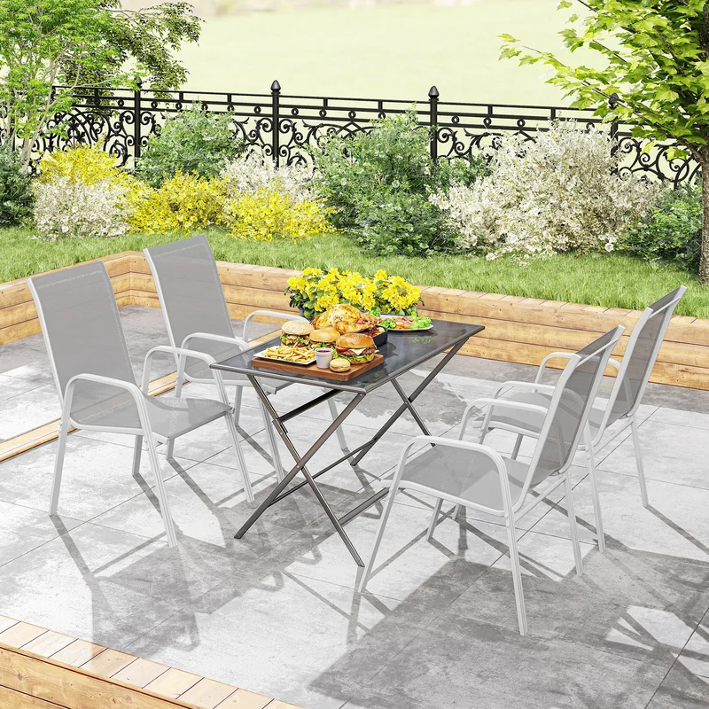 Outsunny Juego de 4 Sillas de Jardín Exterior Sillas Terraza Exterior Apilables Sillón de Comedor con Tela Transpirable Marco de Metal Reposabrazos y Respaldo 54x75,5x95 cm Gris Claro