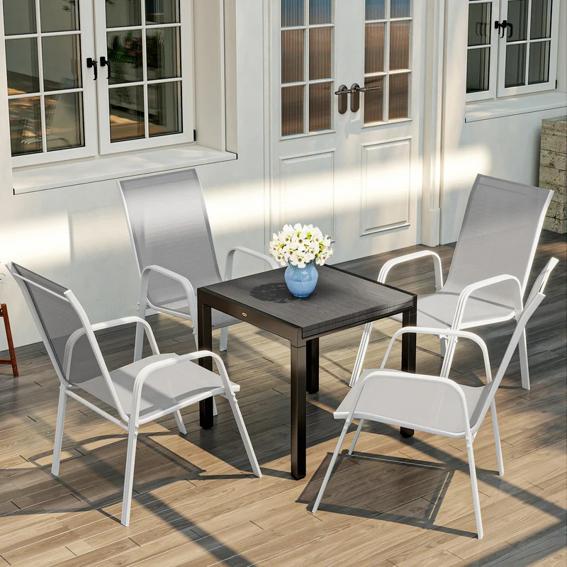 Outsunny Juego de 4 Sillas de Jardín Exterior Sillas Terraza Exterior Apilables Sillón de Comedor con Tela Transpirable Marco de Metal Reposabrazos y Respaldo 54x75,5x95 cm Gris Claro
