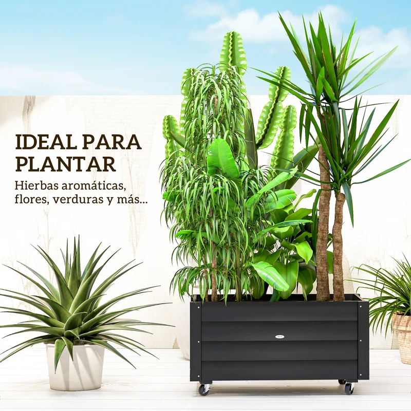 Outsunny Jardinera de Madera con Ruedas, Huerto Urbano para Cultivar Plantas, Macetero Exterior con Orificios de Drenaje y Tela no Tejida, para Jardin, Terraza, Balcón y Patio, 89x48x47 cm, Negro