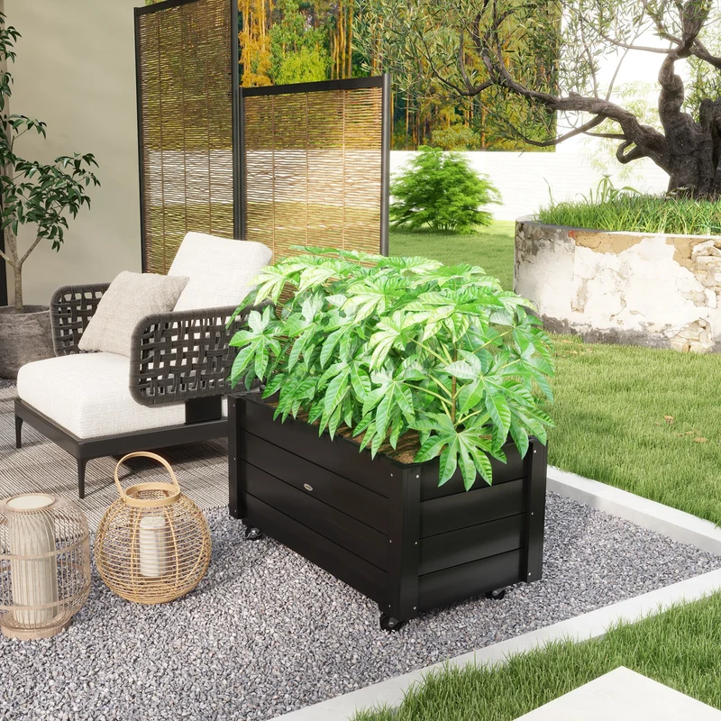 Outsunny Jardinera de Madera con Ruedas, Huerto Urbano para Cultivar Plantas, Macetero Exterior con Orificios de Drenaje y Tela no Tejida, para Jardin, Terraza, Balcón y Patio, 89x48x47 cm, Negro