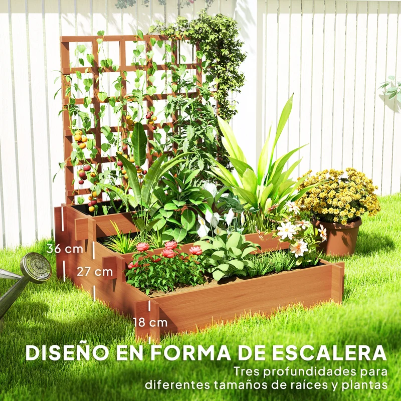 Outsunny Jardinera con Enrejado de 3 Niveles, Jardinera Exterior Grande de Madera para Plantas Trepadoras, con Tela no Tejida, Macetero Elevado para Jardín, Patio, Terraza, 95x95x110 cm, Marrón