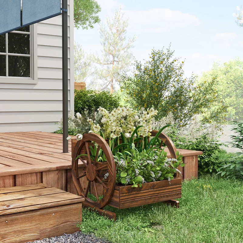 Outsunny Jardinera de Madera Macetero Exterior de 3 Niveles Diseño de Escalera y Forma de Ruedas Orificios de Drenaje Huerto Urbano Cultivos Plantas Flores en Terraza Jardín 61x62x57 cm Carbonizado