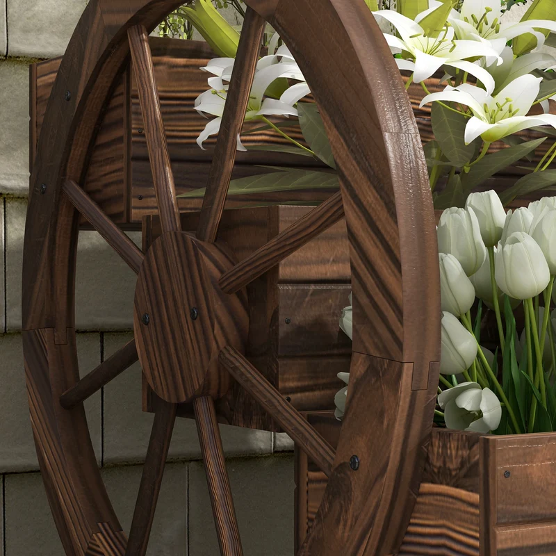 Outsunny Jardinera de Madera Macetero Exterior de 3 Niveles Diseño de Escalera y Forma de Ruedas Orificios de Drenaje Huerto Urbano Cultivos Plantas Flores en Terraza Jardín 61x62x57 cm Carbonizado