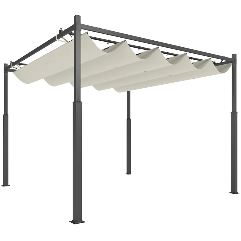Outsunny Pérgola de Jardín 3x3 m con Techo Retráctil y Accesorio Magnético, Cenador de Jardín con Protección UV30+, Columnas Metálicas y Ganchos, Pabellón para Patio, Terraza, Exterior, Blanco Crema