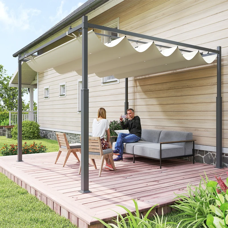 Outsunny Pérgola de Jardín 3x3 m con Techo Retráctil y Accesorio Magnético, Cenador de Jardín con Protección UV30+, Columnas Metálicas y Ganchos, Pabellón para Patio, Terraza, Exterior, Blanco Crema