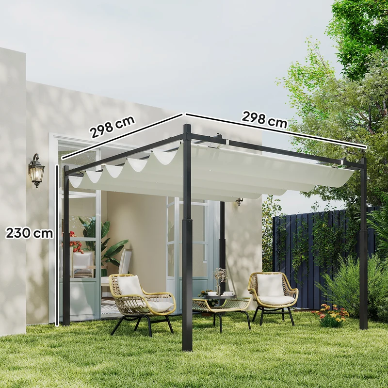Outsunny Pérgola de Jardín 3x3 m con Techo Retráctil y Accesorio Magnético, Cenador de Jardín con Protección UV30+, Columnas Metálicas y Ganchos, Pabellón para Patio, Terraza, Exterior, Blanco Crema