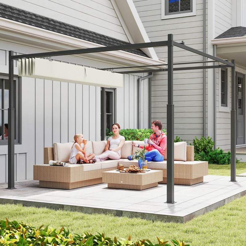 Outsunny Pérgola de Jardín 3x3 m con Techo Retráctil y Accesorio Magnético, Cenador de Jardín con Protección UV30+, Columnas Metálicas y Ganchos, Pabellón para Patio, Terraza, Exterior, Blanco Crema