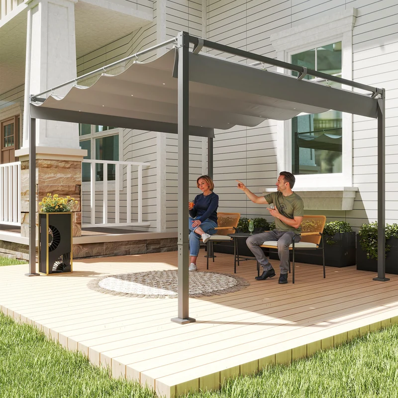 Outsunny Pérgola con Techo Retráctil Pérgola de 3x3 m Cenador de Pared o Independiente con Cierre Magnético Protección UV30+ Pabellón para Jardín Patio Terraza Exterior Gris