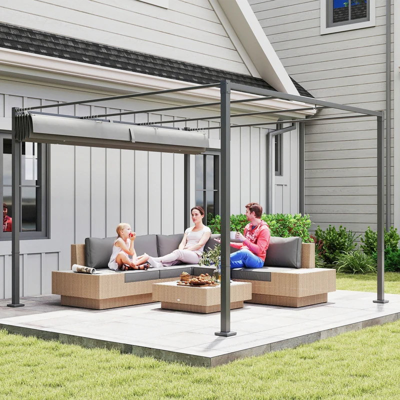 Outsunny Pérgola con Techo Retráctil Pérgola de 3x3 m Cenador de Pared o Independiente con Cierre Magnético Protección UV30+ Pabellón para Jardín Patio Terraza Exterior Gris