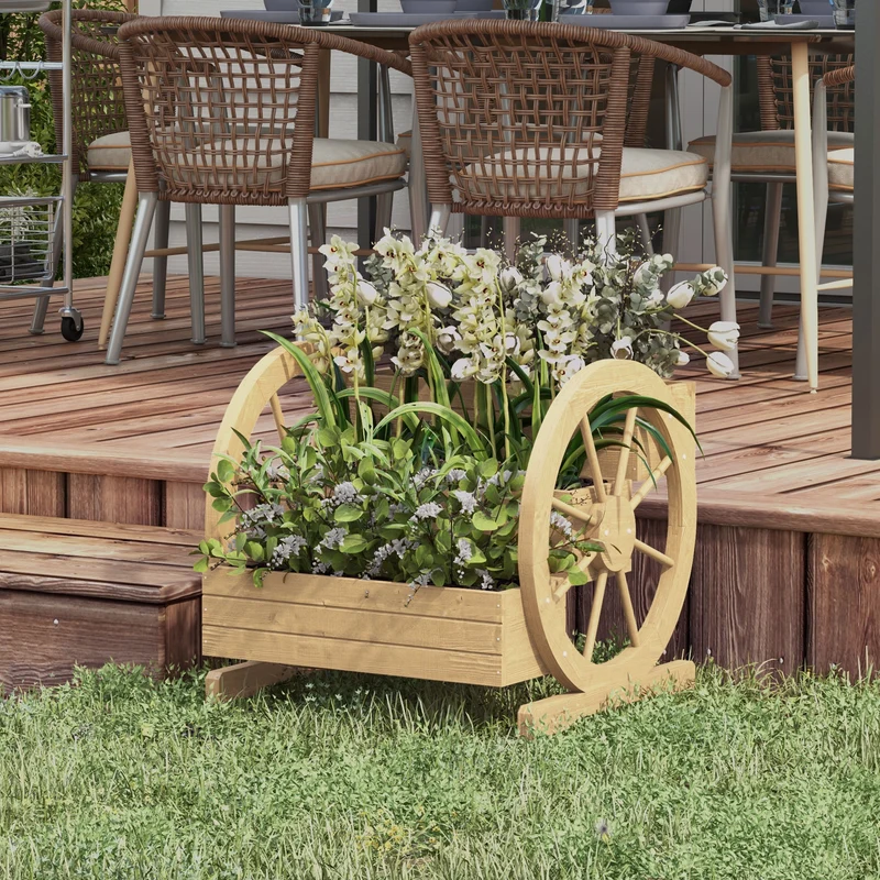 Outsunny Jardinera de Madera Macetero Exterior de 3 Niveles Diseño de Escalera y Forma de Ruedas Orificios de Drenaje Huerto Urbano para Cultivos Plantas Flores en Terraza Jardín 61x62x57 cm Natural