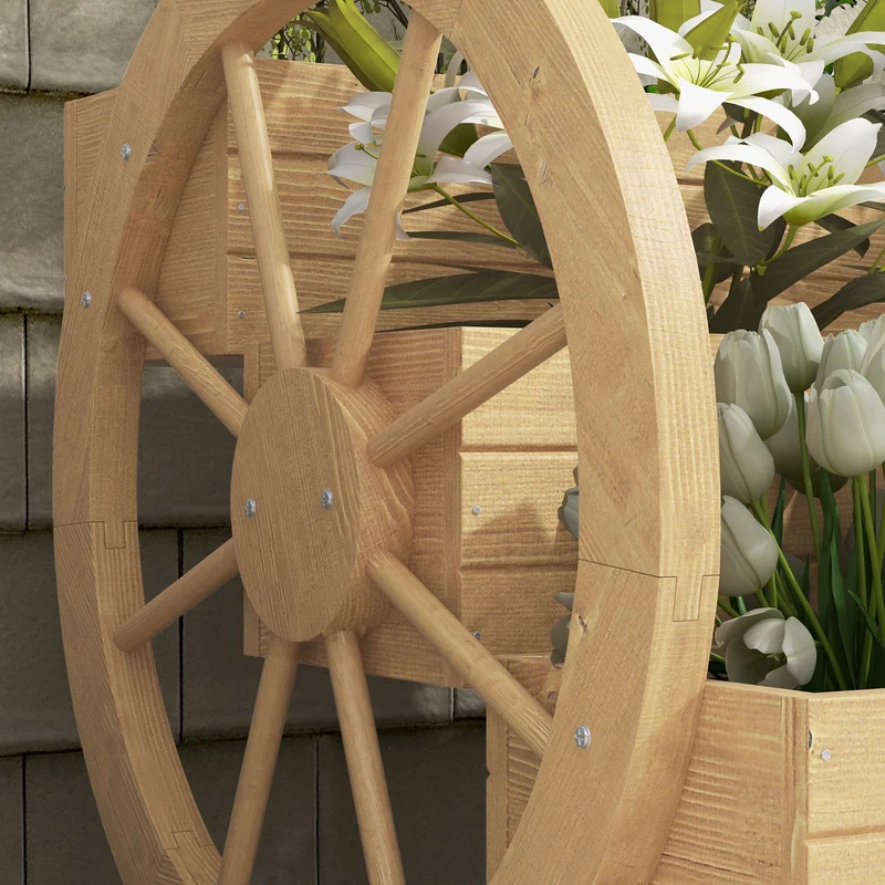 Outsunny Jardinera de Madera Macetero Exterior de 3 Niveles Diseño de Escalera y Forma de Ruedas Orificios de Drenaje Huerto Urbano para Cultivos Plantas Flores en Terraza Jardín 61x62x57 cm Natural