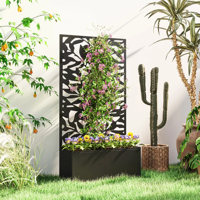 Outsunny Jardinera Exterior Grande de Metal Jardinera con Pantalla de Privacidad de Hojas Sólidas Decorativas Jardinera de Pared o Independiente para Patio Terraza 61x23x113 cm Negro