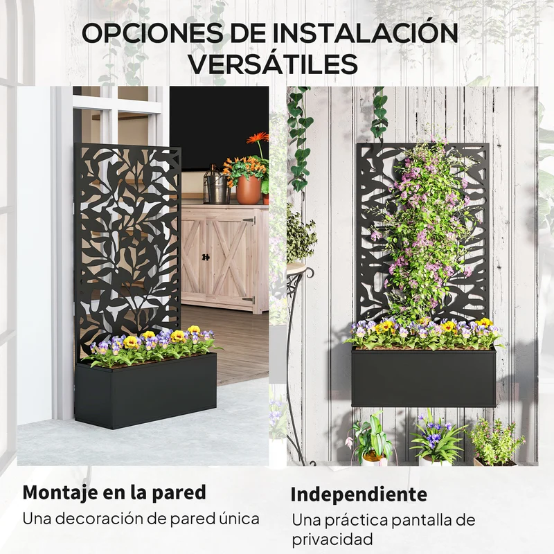 Outsunny Jardinera Exterior Grande de Metal Jardinera con Pantalla de Privacidad de Hojas Sólidas Decorativas Jardinera de Pared o Independiente para Patio Terraza 61x23x113 cm Negro