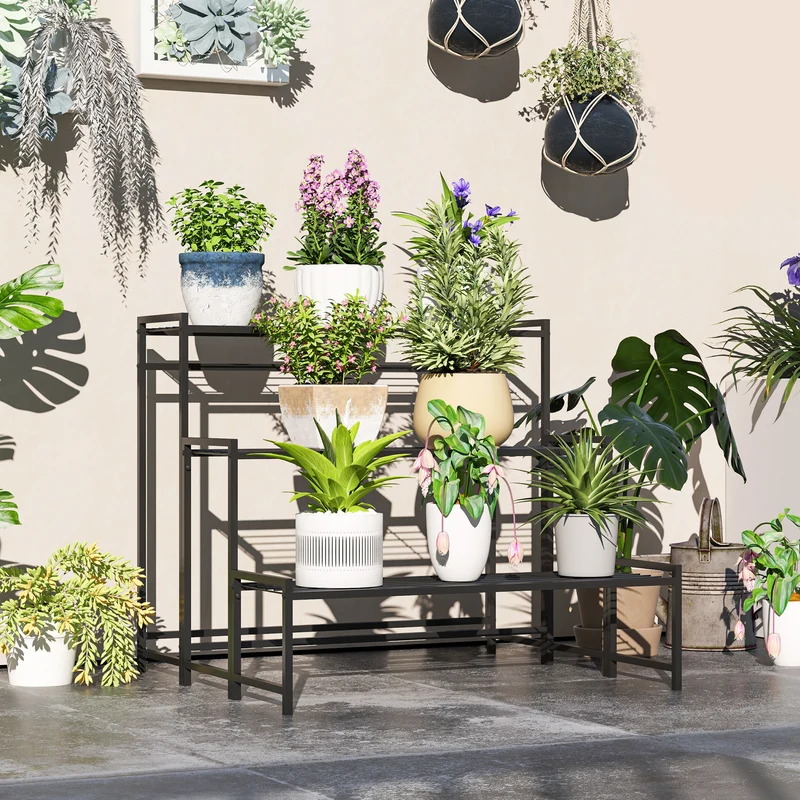 Outsunny Soporte para Plantas de 3 Niveles Estantería para Plantas para Esquina Diseño en Escalera Soporte para Macetas Interior y Exterior 75x70x66 cm Negro
