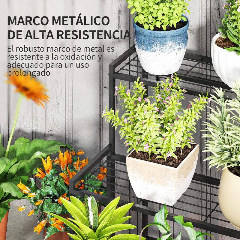 Outsunny Soporte para Plantas de 3 Niveles Estantería para Plantas para Esquina Diseño en Escalera Soporte para Macetas Interior y Exterior 75x70x66 cm Negro