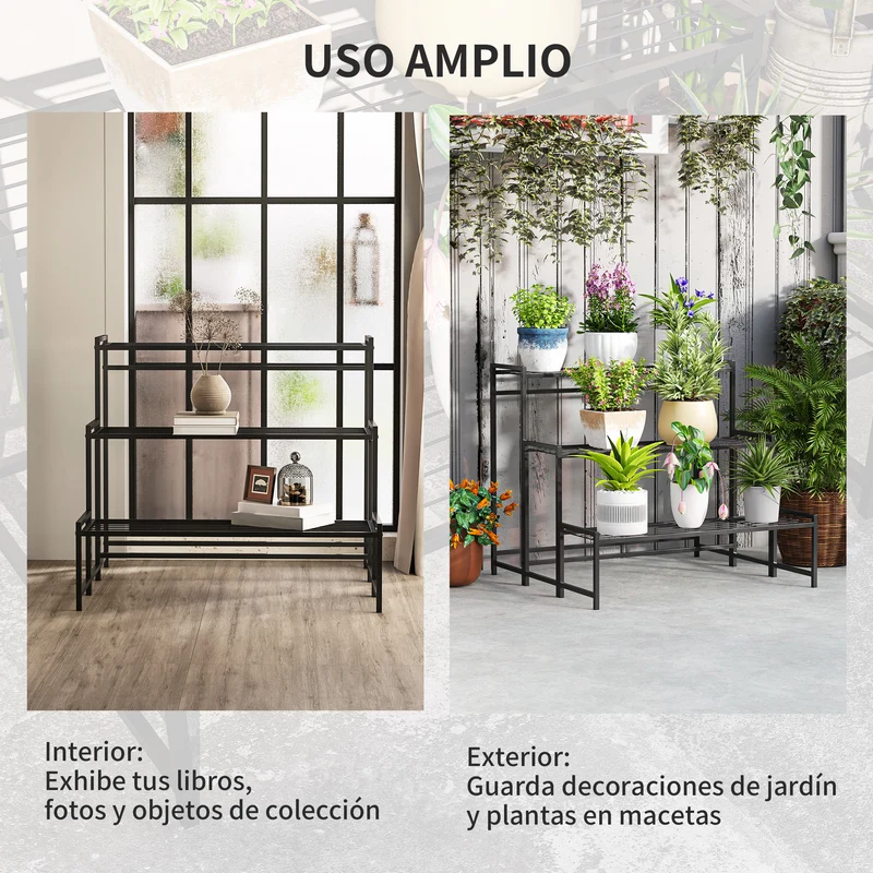 Outsunny Soporte para Plantas de 3 Niveles Estantería para Plantas para Esquina Diseño en Escalera Soporte para Macetas Interior y Exterior 75x70x66 cm Negro