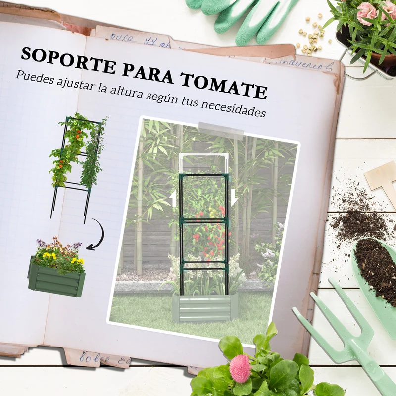 Outsunny Jardinera Exterior Grande de Acero Galvanizado Jardinera de Exterior con Celosía para Plantas Trepadoras y Fondo Abierto para Patio Terraza Balcón 61x61x140 cm Verde