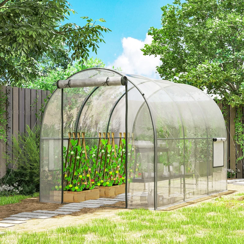 Outsunny Invernadero de Exterior 3x2x2 m, Invernadero de Túnel con Puerta Enrollable, 2 Ventanas de Malla, Cubierta de Plástico y Marco de Acero, Anti-UV, para Cultivos, Plantas, Flores, Transparente