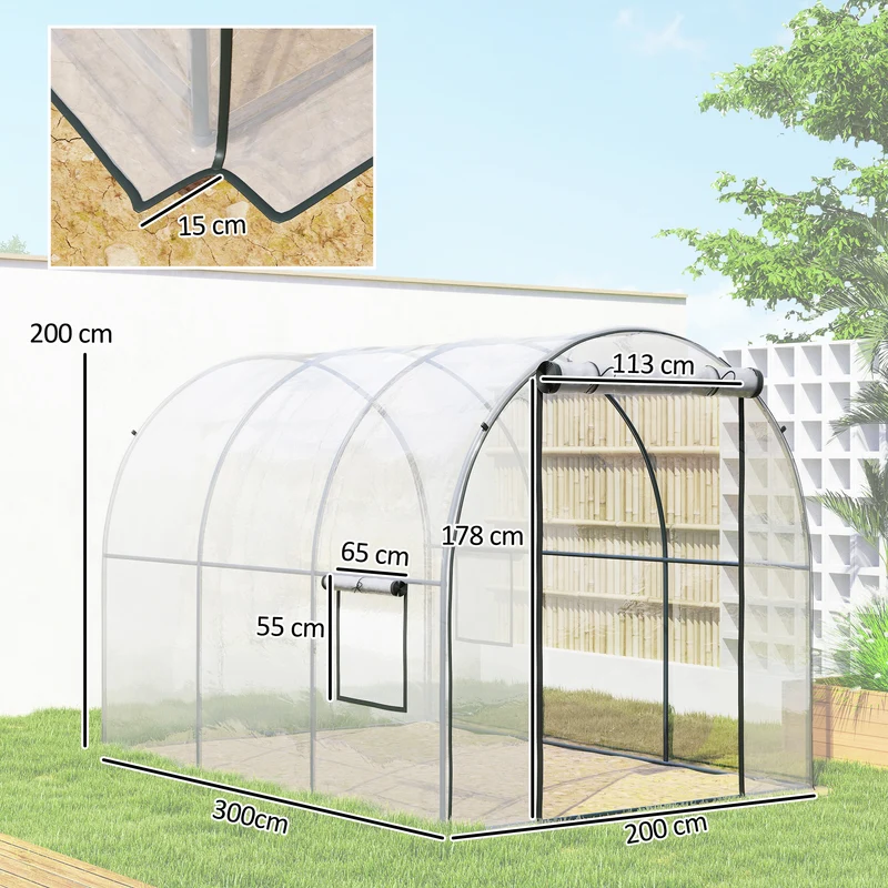 Outsunny Invernadero de Exterior 3x2x2 m, Invernadero de Túnel con Puerta Enrollable, 2 Ventanas de Malla, Cubierta de Plástico y Marco de Acero, Anti-UV, para Cultivos, Plantas, Flores, Transparente