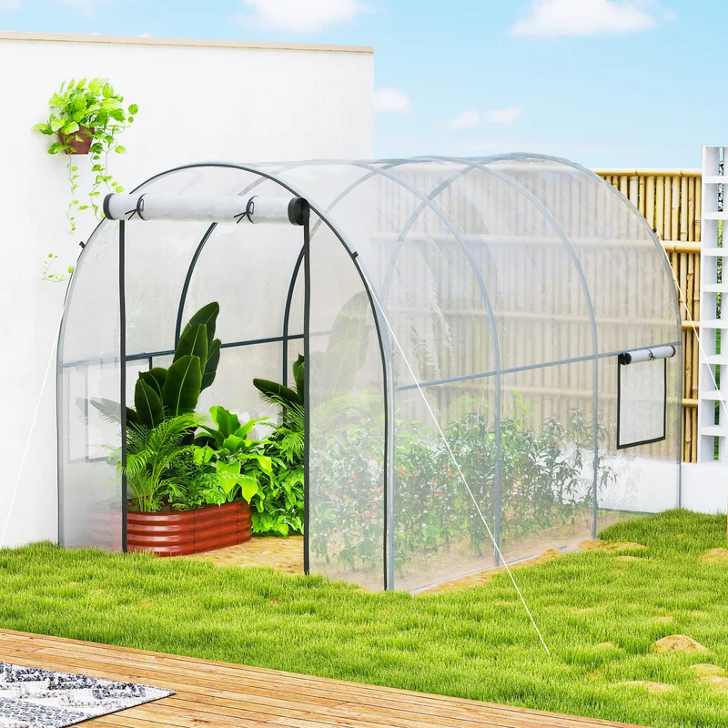 Outsunny Invernadero de Exterior 3x2x2 m, Invernadero de Túnel con Puerta Enrollable, 2 Ventanas de Malla, Cubierta de Plástico y Marco de Acero, Anti-UV, para Cultivos, Plantas, Flores, Transparente