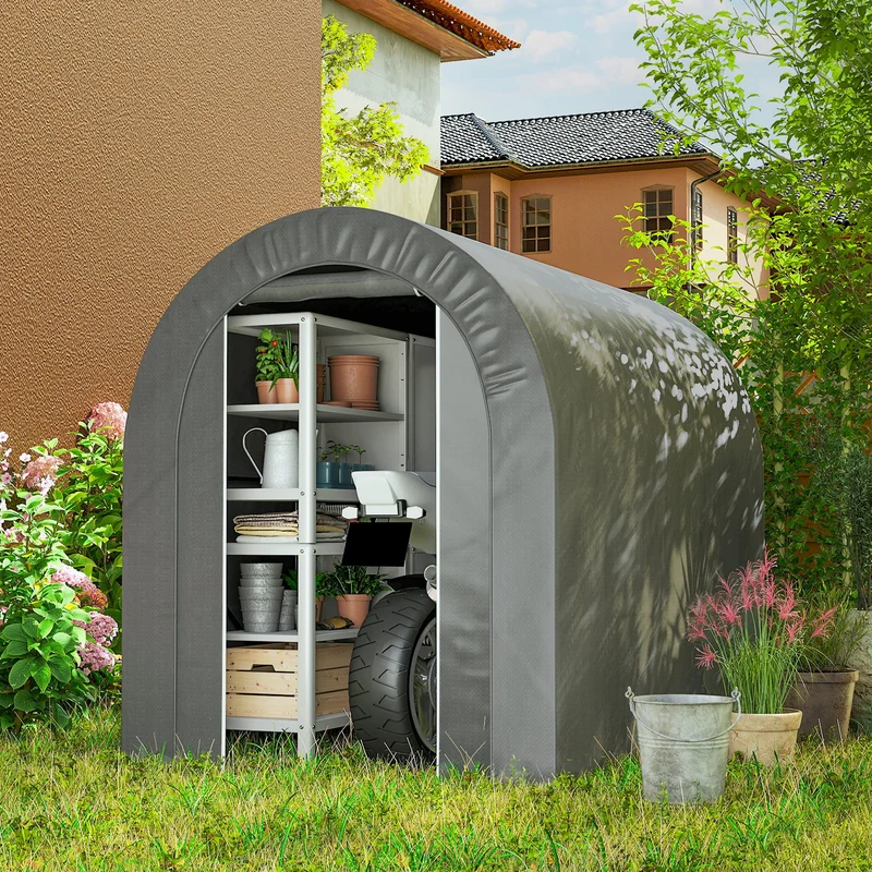 Outsunny Carpa de Jardín Exterior para Herramientas, Bicicletas, 2,4x1,6x1,9 m, Cobertizo Exterior con Marco de Acero, Puerta Enrollable con Cremallera, Impermeable, Garaje Portátil, Gris Claro