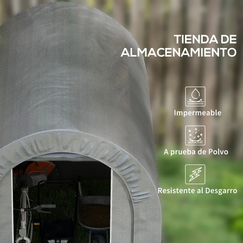 Outsunny Carpa de Jardín Exterior para Herramientas, Bicicletas, 2,4x1,6x1,9 m, Cobertizo Exterior con Marco de Acero, Puerta Enrollable con Cremallera, Impermeable, Garaje Portátil, Gris Claro
