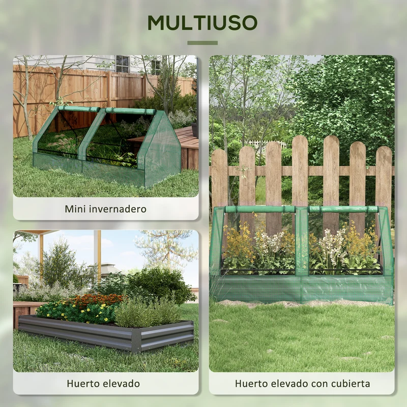 Outsunny Jardinera Exterior Grande con Mini Invernadero, Huerto Urbano de Acero Galvanizado con Base Abierta, Resistente a la Intemperie, para Patio, Terraza, Balcón, 185x95x92 cm, Gris y Verde