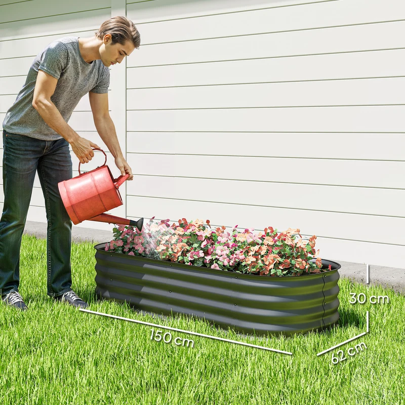Outsunny Jardinera Exterior Grande de Acero Galvanizado, Huerto Urbano para Cultivar Plantas, Macetero Exterior con Bordes de Seguridad, Fácil Montaje, Resistente a la Intemperie, 150x62x30 cm, Gris