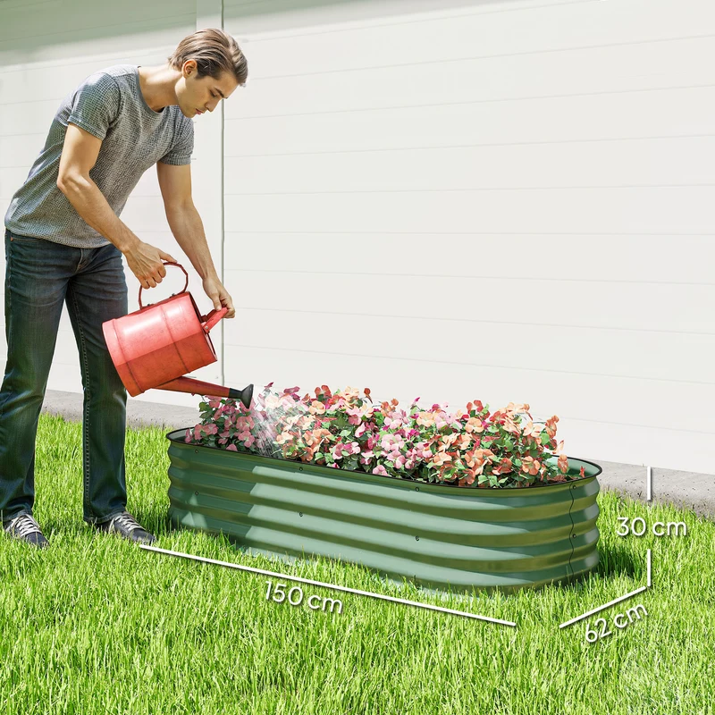 Outsunny Jardinera Exterior Grande de Acero Galvanizado, Huerto Urbano para Cultivar Plantas, Macetero Exterior con Bordes de Seguridad, Fácil Montaje, Resistente a la Intemperie, 150x62x30 cm, Verde