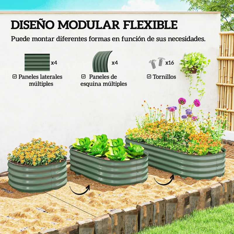 Outsunny Jardinera Exterior Grande de Acero Galvanizado, Huerto Urbano para Cultivar Plantas, Macetero Exterior con Bordes de Seguridad, Fácil Montaje, Resistente a la Intemperie, 150x62x30 cm, Verde