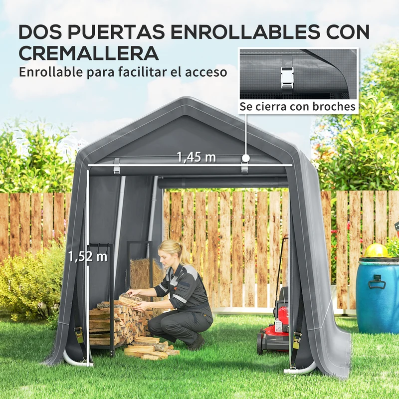 Outsunny Carpa de Jardín Exterior para Herramientas, Bicicletas, 2,4x2x2 m, Cobertizo Exterior con Marco de Metal, 2 Puertas Enrollables con Cremallera, Impermeable, Anti-UV, Garaje Portátil, Gris
