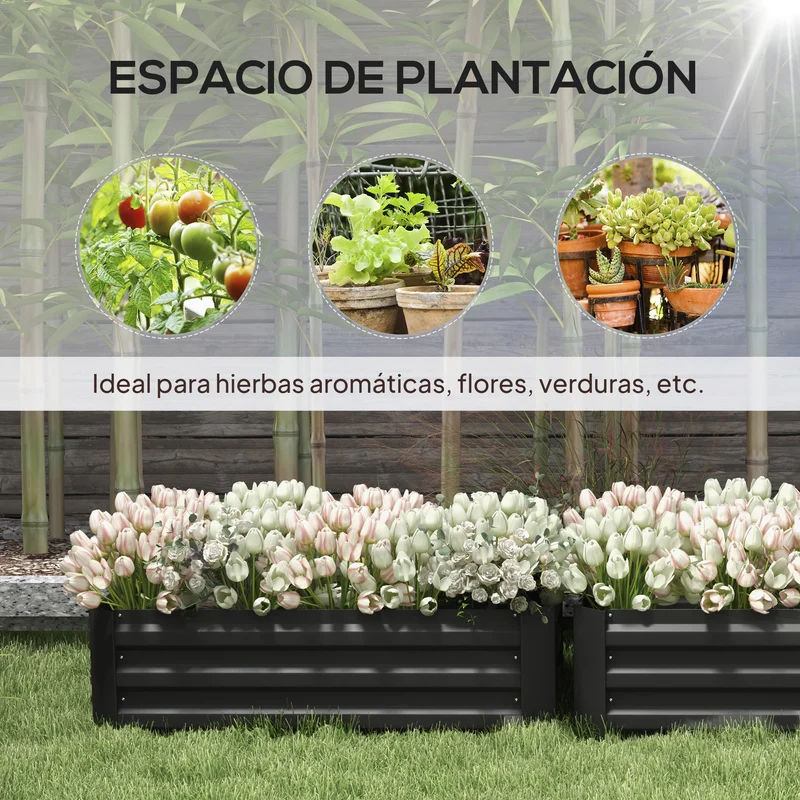 Outsunny Juego de 2 Jardineras Exterior Grandes de Acero Galvanizado, Huertos Urbanos, Maceteros Exterior Elevados para Plantas, Flores, Terraza, Resistente a la Intemperie, 100x50x30 cm, Negro