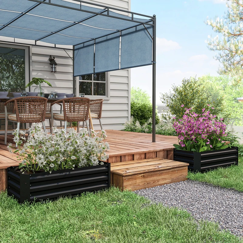 Outsunny Juego de 2 Jardineras Exterior Grandes de Acero Galvanizado, Huertos Urbanos, Maceteros Exterior Elevados para Plantas, Flores, Terraza, Resistente a la Intemperie, 100x50x30 cm, Negro