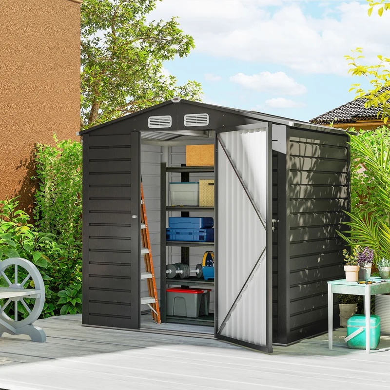 Outsunny Caseta de Jardín Exterior, 2,27 m² 190x131x188 cm, Cobertizo de Jardín Exterior Metálico con 2 Ventilaciones, Puerta con Cerradura, para Almacenamiento de Herramientas, Gris