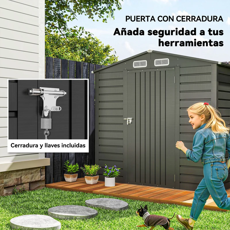 Outsunny Caseta de Jardín Exterior, 2,27 m² 190x131x188 cm, Cobertizo de Jardín Exterior Metálico con 2 Ventilaciones, Puerta con Cerradura, para Almacenamiento de Herramientas, Gris